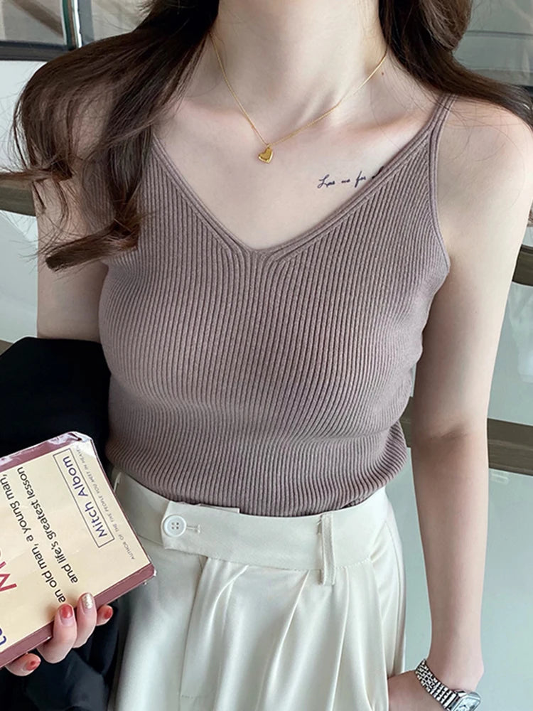 Korea Summer Tops 2026 New Solid V-Neck Elastic Knitted Suspender Camis Women's Tanks Clothing Basics Shirt