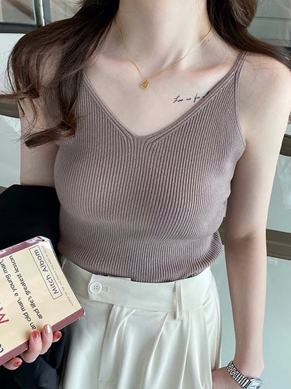 Korea Summer Tops 2026 New Solid V-Neck Elastic Knitted Suspender Camis Women's Tanks Clothing Basics Shirt