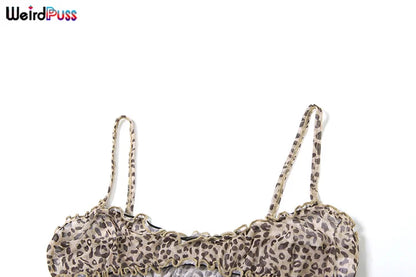 Weird Puss Leopard Print Women 2 Piece Set Sexy See Through Summer Ruffles Camisole+Shorts Vacation Matching Clubwear Outfits