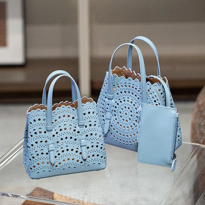 New Tote Bag French Cowhide Handmade Bag Niche Laser Engraved Hollow Leather Vegetable Basket Bag Casual Versatile Temperament