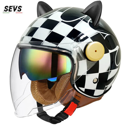 Motorcycle Helmet Retro 3C & DOT Certified Half Face ABS Helmet Dual Visor Hidden Sun Shield Removable Cute Cat Ears