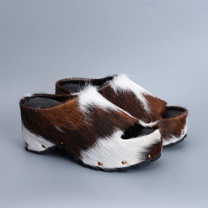2025 Women Designer Luxury Platform Mules Real Calf Hair Leather Lined Slip On Clogs Slides Sandals Summer Fashion Comfort Shoes