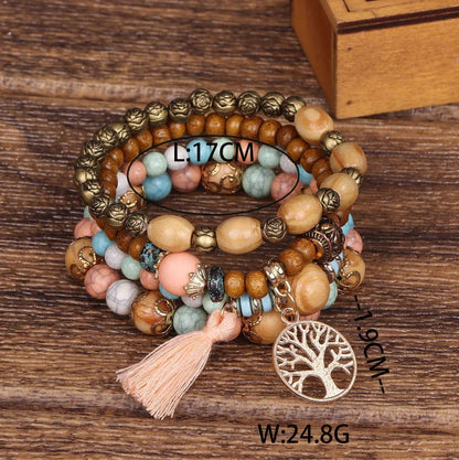 4Pcs Bohemia Tree Of Life Charm Beaded Bracelet Set For Women Handmade Wood Beads Chain Bangle Female Boho Jewelry