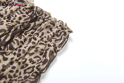 Weird Puss Leopard Print Women 2 Piece Set Sexy See Through Summer Ruffles Camisole+Shorts Vacation Matching Clubwear Outfits