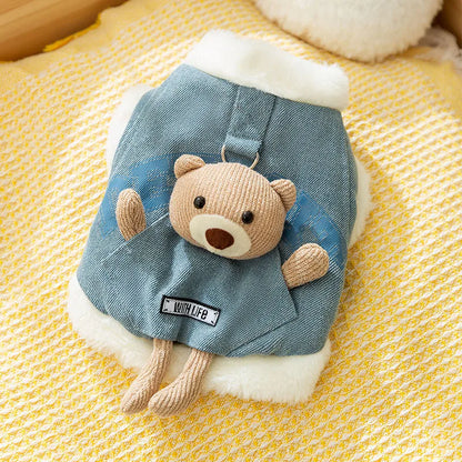 Cat autumn and winter thickened warm pocket three-dimensional bear denim traction vest small dog dog pet clothes