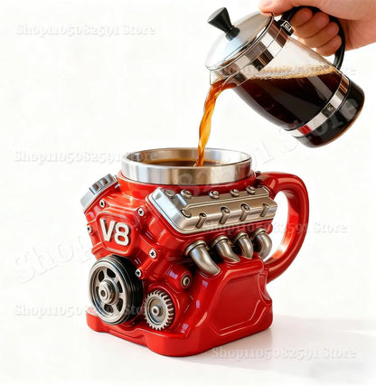 Retro Engine Coffee Mug,V8 Engines Stainless Steel Cup,Personalized Double Wall Insulation Car Mug with Handle for Christmas