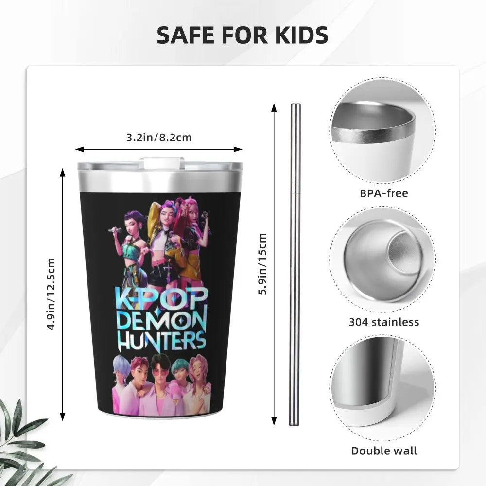 Mystery Saja Boys Kpop Demon Hunters Tumbler With Straw For Kids Stainless Steel Travel Mugs Double Wall Vacuum Insulated 12oz
