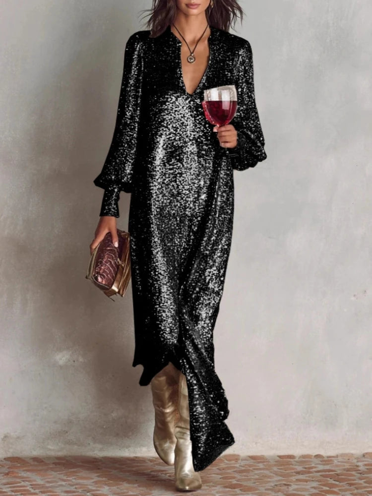 Elegant Women's Evening Dress Solid Deep V-neck Sequined Lantern Sleeves Long Gown Autumn Winter Sexy Dinner Party Dresses