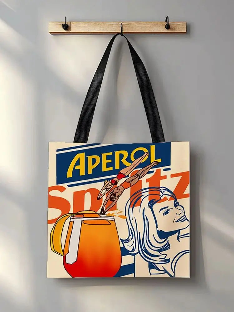 1pc Aperol Spritz Art Print Tote Bag Reusable Fabric Grocery Foldable Shopping Bag