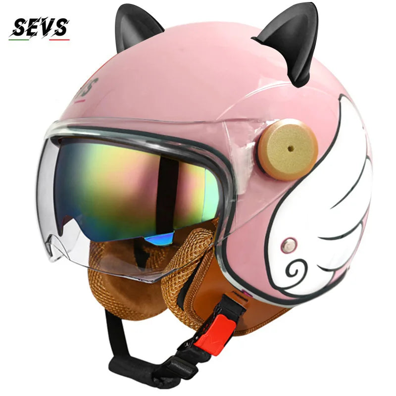 Motorcycle Helmet Retro 3C & DOT Certified Half Face ABS Helmet Dual Visor Hidden Sun Shield Removable Cute Cat Ears