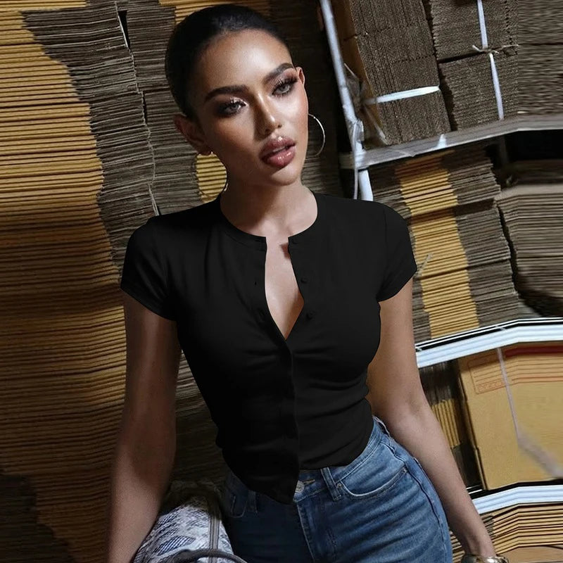 Stand Collar Button Hollow Out T-shirt Women Sexy Solid Short Sleeves Slim Fit Cropped Shirts 2026 Lady Daily Street Outwear New