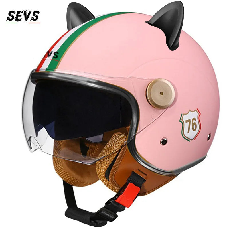 Motorcycle Helmet Retro 3C & DOT Certified Half Face ABS Helmet Dual Visor Hidden Sun Shield Removable Cute Cat Ears