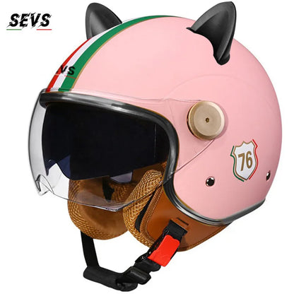 Motorcycle Helmet Retro 3C & DOT Certified Half Face ABS Helmet Dual Visor Hidden Sun Shield Removable Cute Cat Ears
