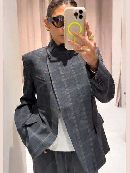Irregular Plaid Blazer Jacket Women Fashion Stand Collar Full Sleeve Split Loose Short Coat 2026 Lady Daily Commute Outerwear
