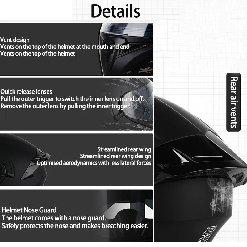 Uchoose DOT Modular helmet Full Face Helmets Crash Motorbike Protective Gear unisex Flip Up Helmet Motorcycle Double Sun Visor