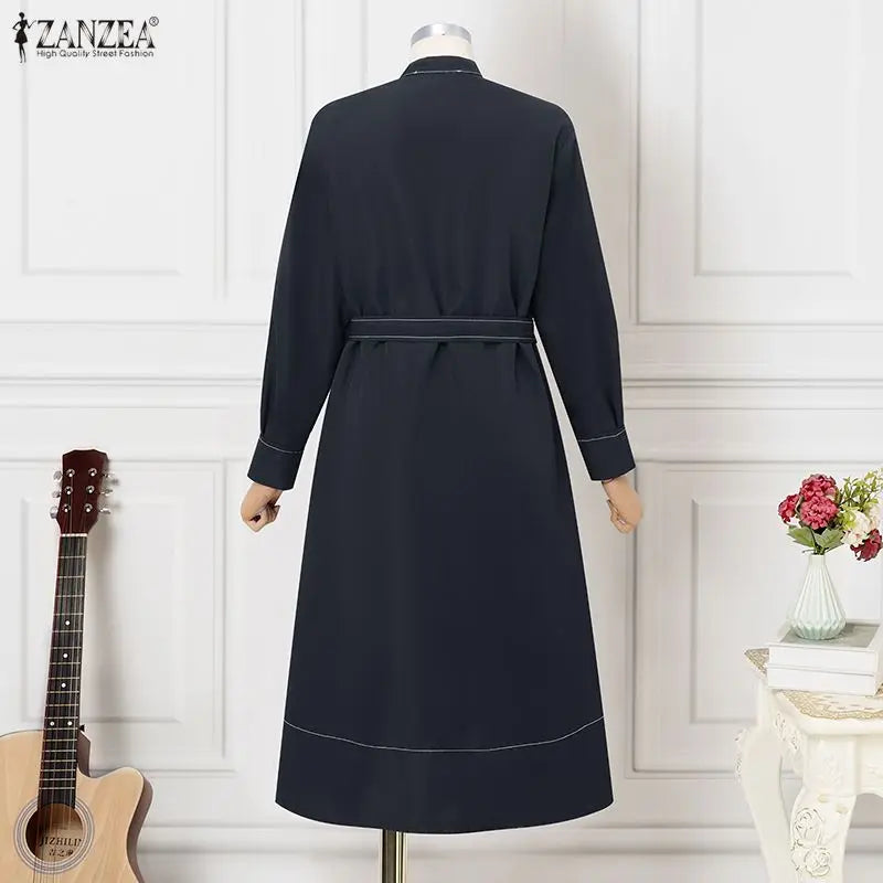 ZANZEA Fashion Long Shirt Dresses Women Elegant Streetwear Office Lady Midi Vestidos Belted Casual Autumn Long Sleeve Party Robe