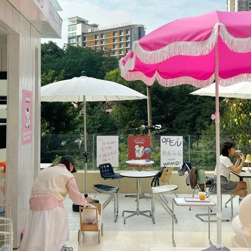 Pink beach parasol, white outdoor props, sun umbrella, garden big beach umbrella promotional advertising umbrella