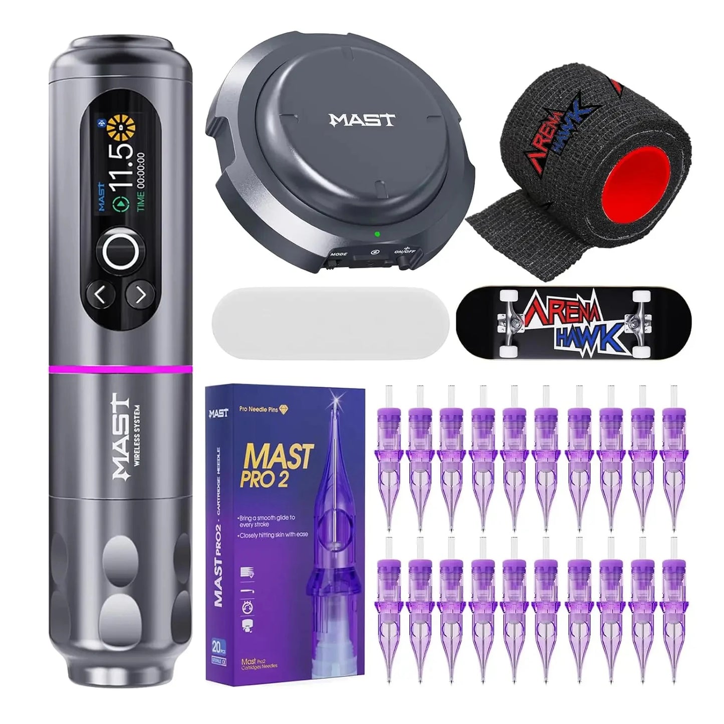 Mast Archer2 Wireless Tattoo Machine Kit 3.5mm Stroke 2100mAh Battery Brushless Motor with Mast Pro Needles Cartridges Supplies