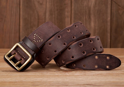 3.8CM Original Handmade Double-needle Buckle Men Belt Washed Water Made Old Macho Jeans Belt Genuine Leather Army Tactical Belt