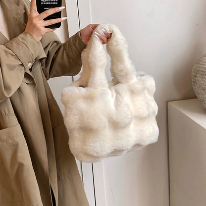 Women's Fluffy Plush Shoulder Bag Autumn Winter Top-Handle Solid Color Tote Versatile Commuter Handbag for Girls
