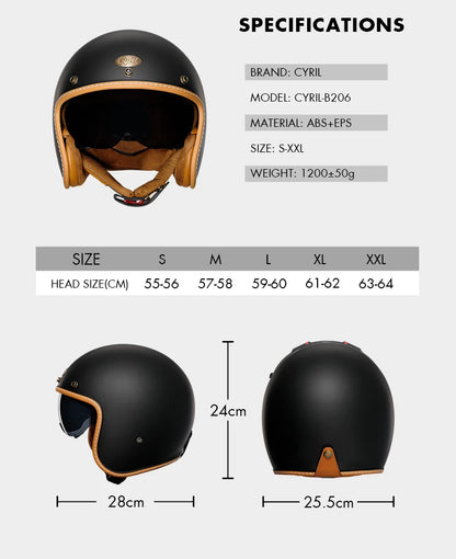 Retro 3/4 Open Face Half Motorcycle Helmet CYRIL B206 Lightweight Adult Vantage Jet Helmet for Men Women DOT ECE Approved