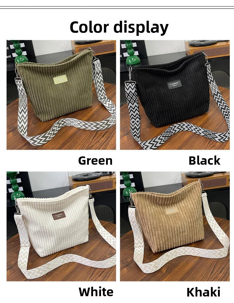 Solid Color Corduroy Messenger Bag Versatile Handbag Women Shoulder Crossbody Bags Casual Chic Bucket Women‘s Bag Bolsos Mujer
