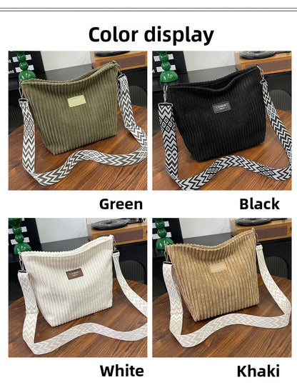Solid Color Corduroy Messenger Bag Versatile Handbag Women Shoulder Crossbody Bags Casual Chic Bucket Women‘s Bag Bolsos Mujer