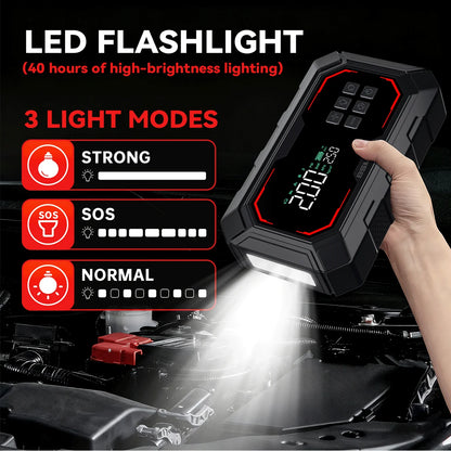 Car Jump Starter with Air Compressor Peak Auto Battery Booster 150PSI Air Pump Portable Power Bank Tire Inflator Lighting