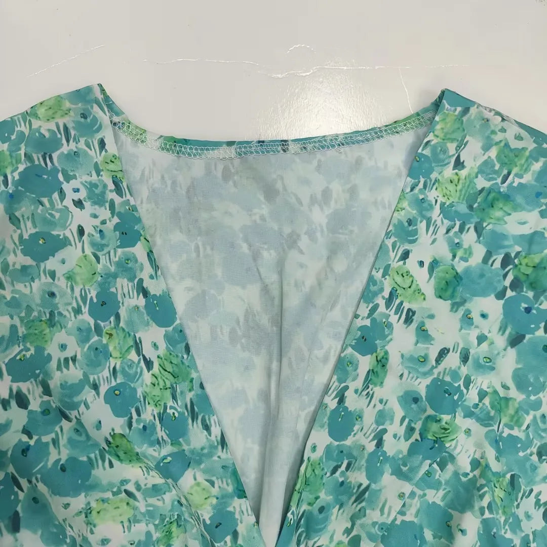 Summer Women Floral Print Casual Long Dress Fashion V Neck Short Sleeve Elegant Office Female Beach Party Maxi Dresses Robe