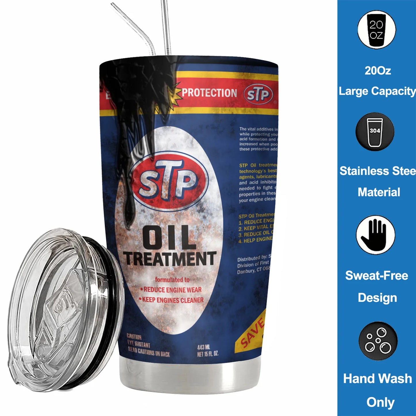 20Oz WD40 Stainless Steel Vacuum Tumbler Double Wall Insulated STP Engine Oil Filter Print with Straw and Lid Cold Hot drink cup