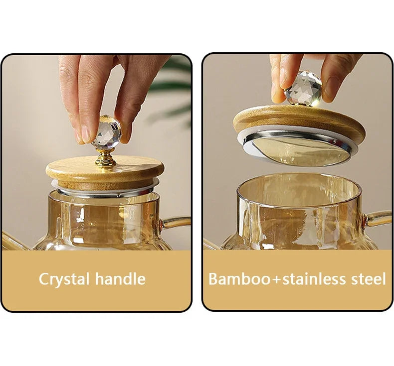 Glass Tea Kettle With Bamboo Lid And Removable Filter Spout Champagne Teapot For Loose Leaf Blooming Tea And Fruit Tea 1/1.8L