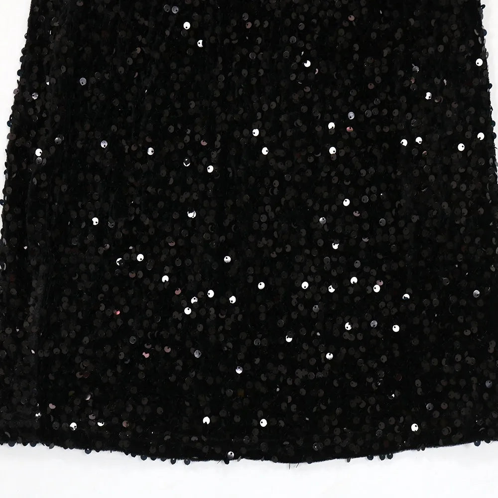 HLJ Fashion Sequin Splicing Hollow One Shoulder Party Club Mini Dresses Women Sleeveless Backless Slim Vestidos Sexy Clothing