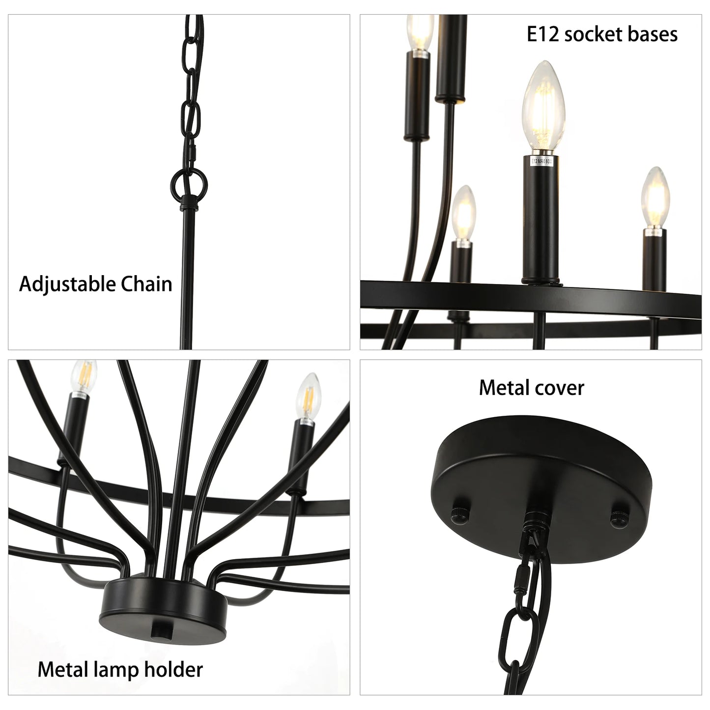 12-Light Black Chandelier Diam 33.46 inch, Farmhouse Industrial Country Style Large Round Pendant Light Fixture for Dining Room