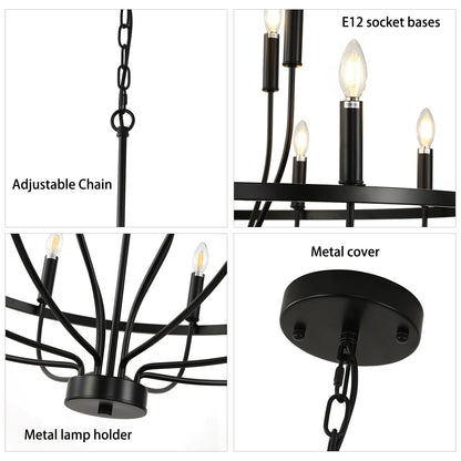 12-Light Black Chandelier Diam 33.46 inch, Farmhouse Industrial Country Style Large Round Pendant Light Fixture for Dining Room