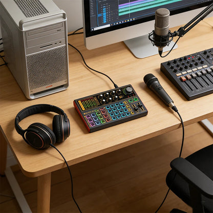 Portable device for computer and mobile live streaming, sound card, product promotion, and karaoke short videos