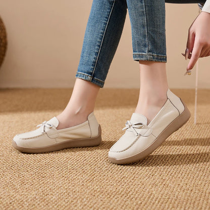 AIYUQI Women Bow Genuine Leather Loafers Slip‑on Platform Women Flat Shoes Mother Shoes Ladies Casual Walking Moccasins