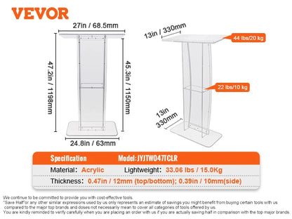 SucceBuy 47" Acrylic Podium Stand Floor-Standing Clear Pulpit Acrylic Desktop Lecterns w/ Storage Shelf for Church Office School
