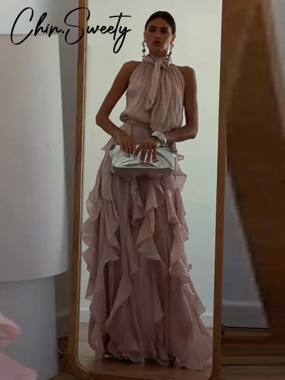Sexy Cascading Ruffle Pleated Women Long Dress Fashion Lace Up Sleeveless Empire Female Dresses 2026 Spring Summer Lady Robe New