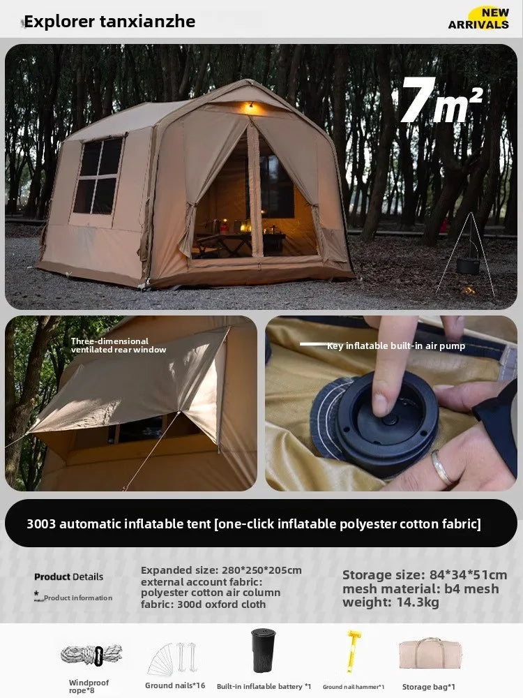 One-Button Inflatable House-Style Camping Tent, Rainproof Outdoor Overnight Family Tent with Bedroom and Living Area