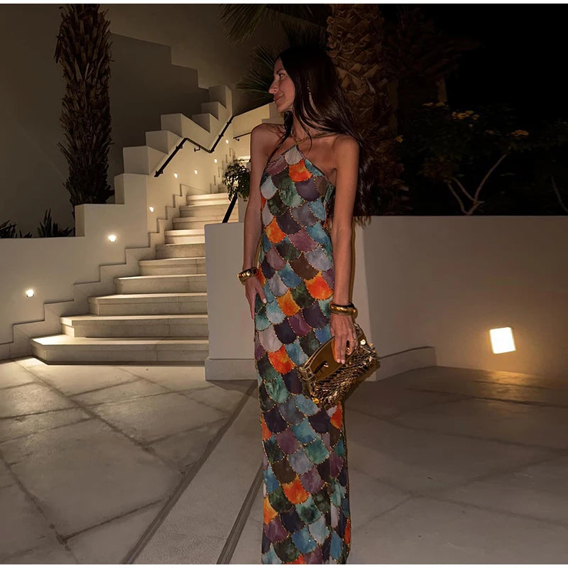 Sexy Print Long Halter Dress Women Sleeveless Backless Hip Package Female Party Dresses 2025 Spring Summer Lady Shiny Robes New