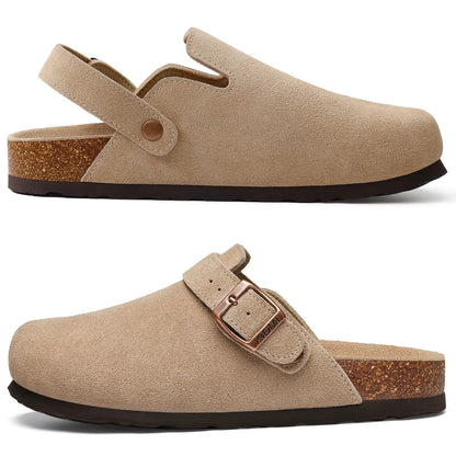 Crestar Women's Suede Clogs Lady Fashion Buckle Leather Mules Comfort Cork Footbed Potato Shoes with Arch Support Beach Sandal