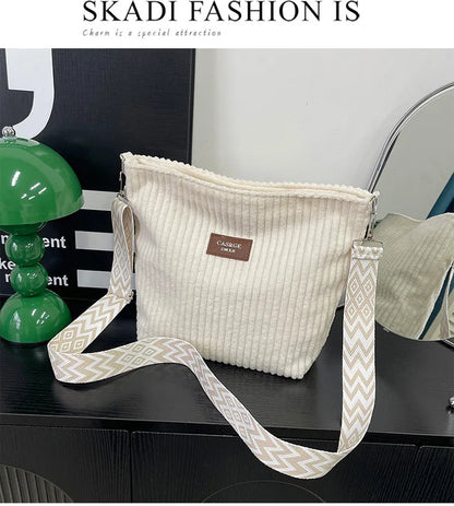 Solid Color Corduroy Messenger Bag Versatile Handbag Women Shoulder Crossbody Bags Casual Chic Bucket Women‘s Bag Bolsos Mujer