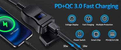 60W Motorcycle USB Fast Charger PD QC3.0 Power Supply Adapter Handlebar Dual USB Socket Waterproof with Switch Voltmeter