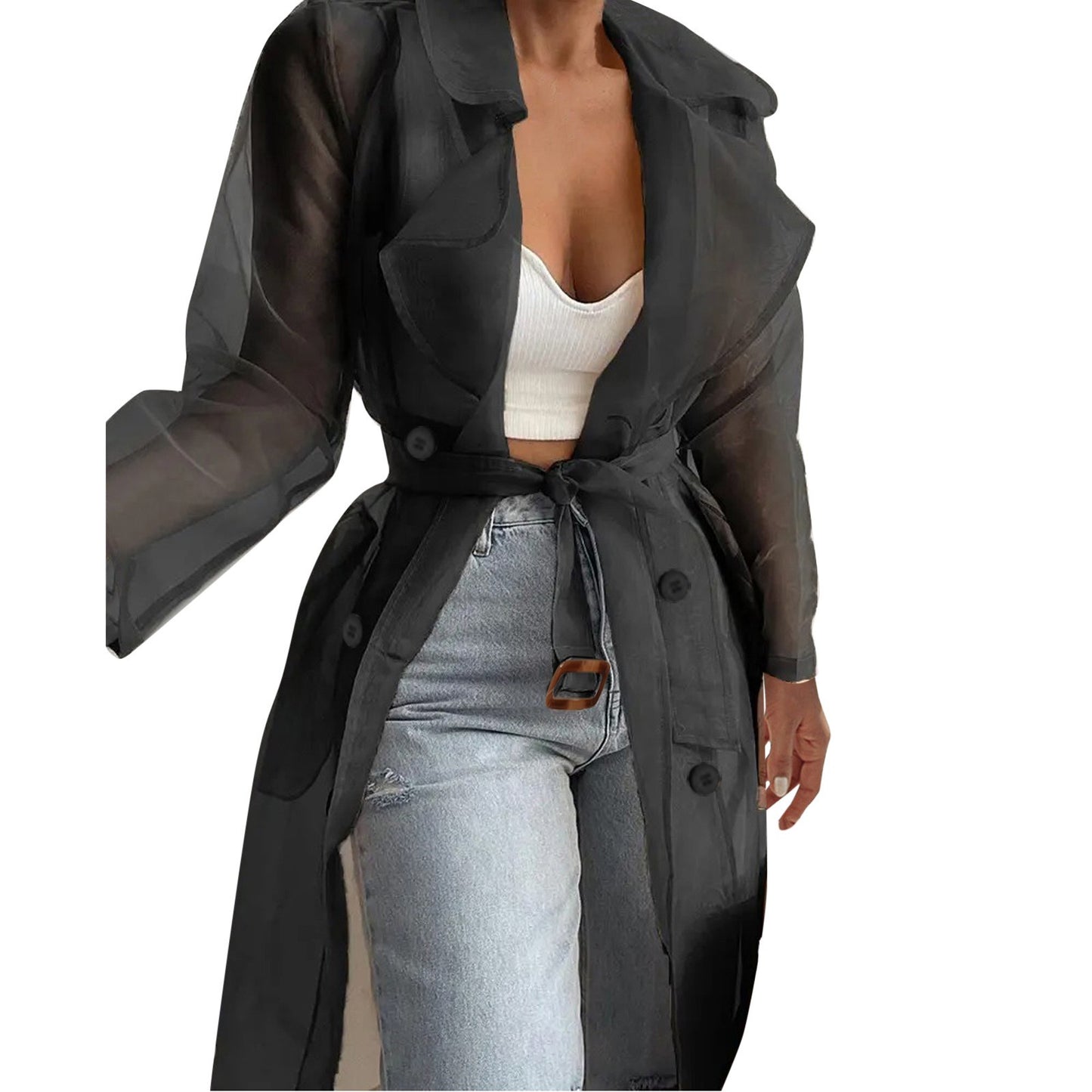 Women Organza See Though Sunscreen Long Sleeve Trench Summer Autumn Fashion Double Breasted Long Coat With Belted Tops Outwear