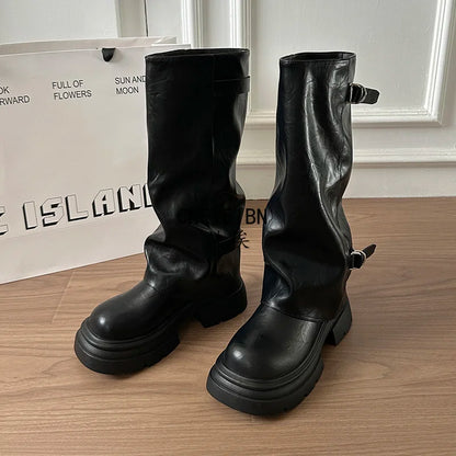 Women Double Buckle Slouch Knee High Boots Round Toe Platform Thick Sole Leather Tall Boots Street Casual Daily Ladies Boots
