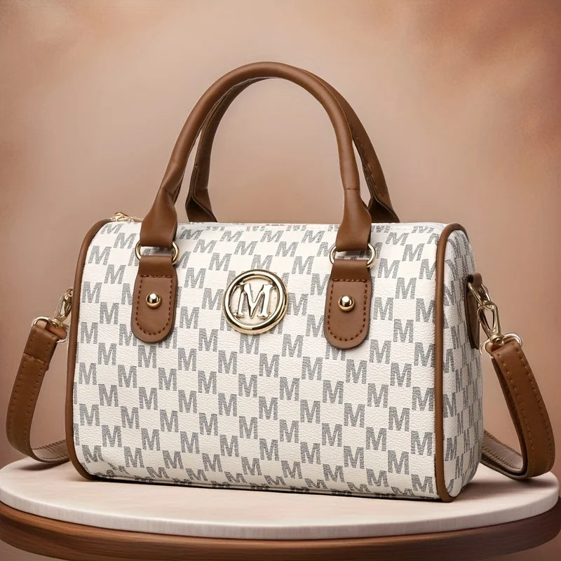 Women's Small Shoulder Crossbody Bag with Golden "M" Design, Synthetic Faux Leather Purse for Work, Travel, Parties & Gifts