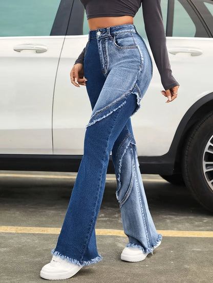 Women's Blue Stretch Flared Pants - Two-Tone Washed Flared Pants With Raw Edge Details Comfortable fit Mid-rise Versatile Y2K St
