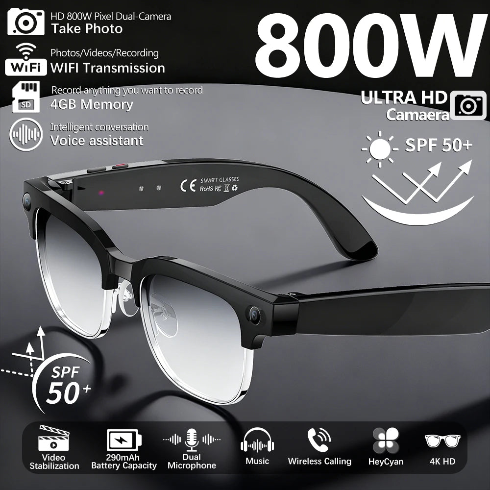 2026 New 4K HD 800W Pixel Dual-Camera Smart Glasses Men 1080P Video Recording AI Chat WIFI Transmission Translation Call Glasses