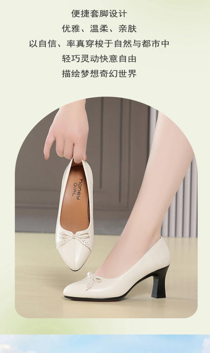 Womens Elegant Bow Decor Block Heel Pumps Smooth Faux Leather Upper Pointed Toe Design Comfort Cushioned Insole NonSlip Outsole