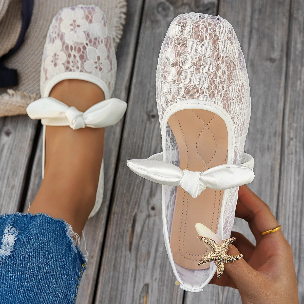Plus Size 43 Women Fashion Ballet Flats Breathable Laces Square Toe Spring Summer Flat Shoes For Female Daily Walking Loafers